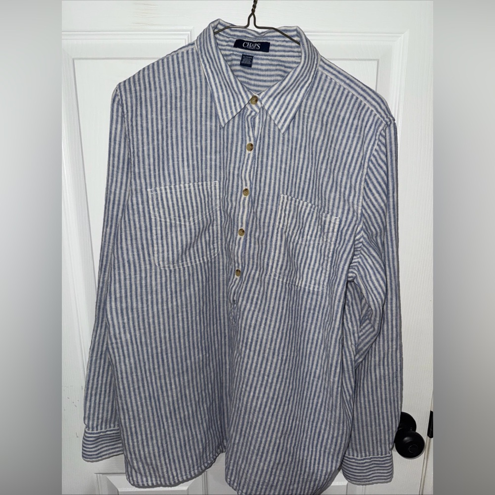Chaps Blue and White Striped Cotton Button Down Shirt